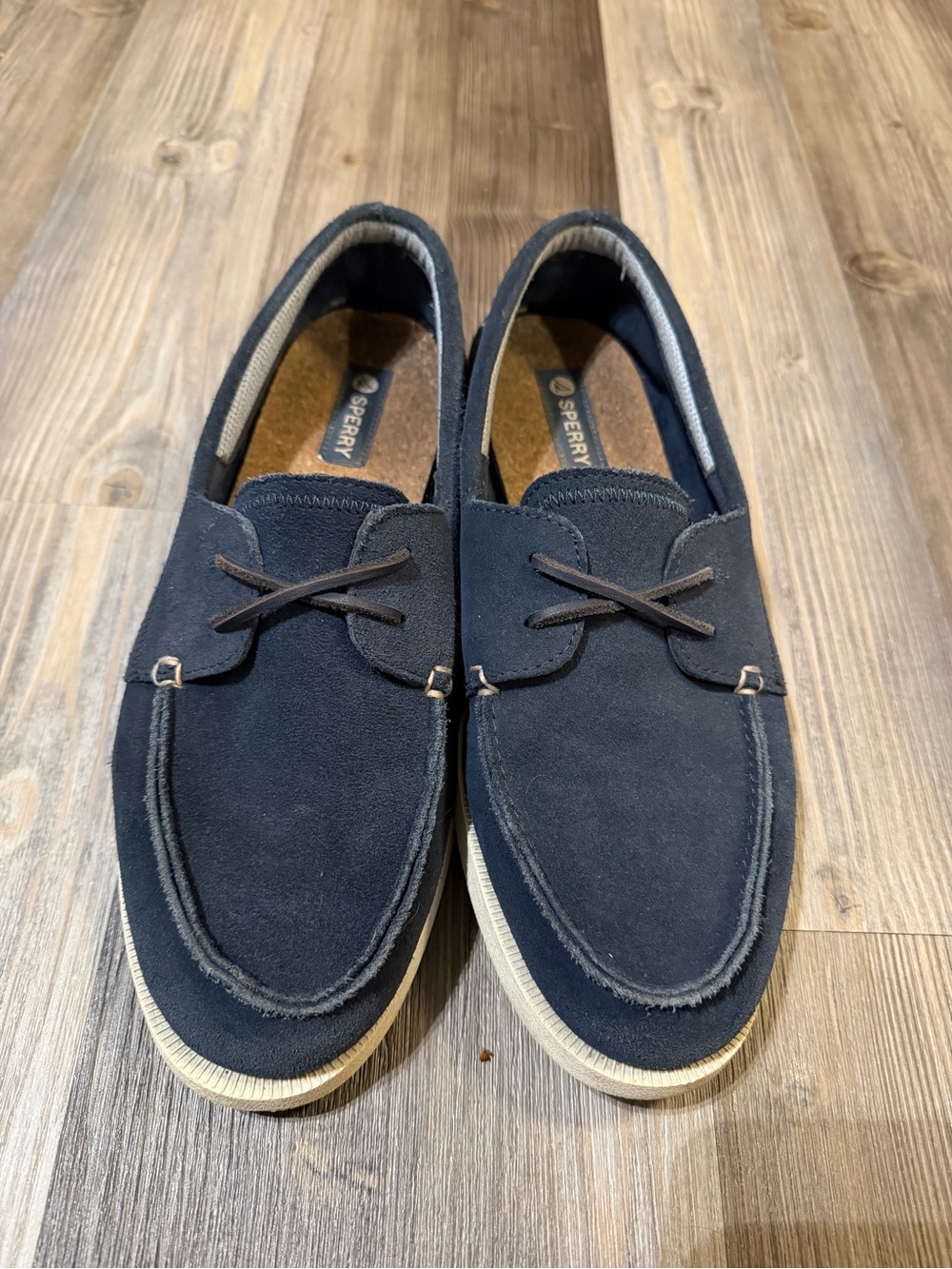 Sperry Navy Suede Two-Eye Boat Shoes with White Sole